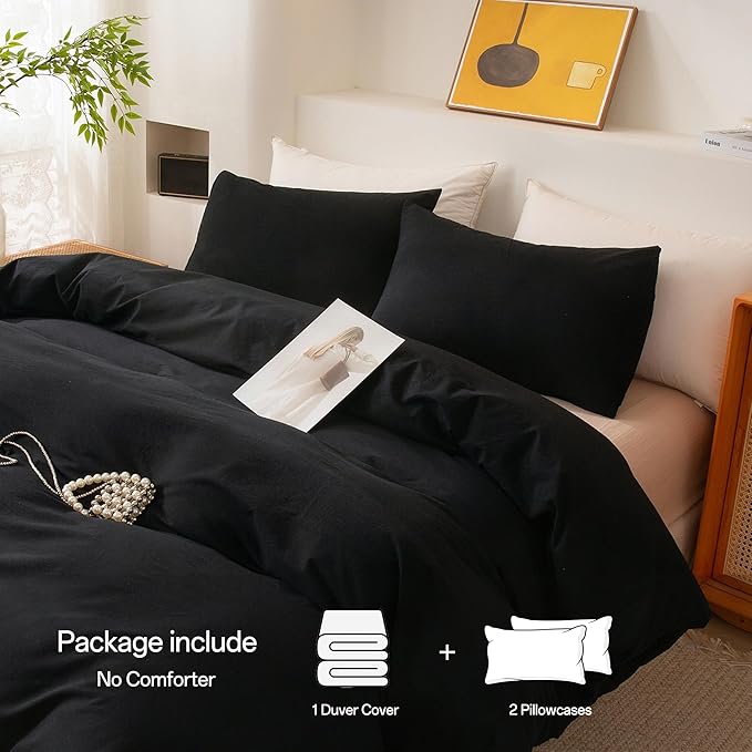 ECOCOTT 3 Pieces Duvet Cover King Size 100% Washed Cotton 1 Duvet Cover with Zipper and 2 Pillowcases, Ultra Soft and Easy Care Breathable Cozy Simple Style Bedding Set (Black,King)