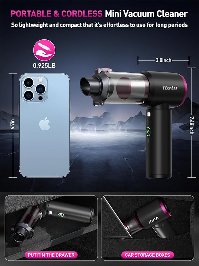 Mini Car Vacuum Portable Cordless with LED Light, 15000PA Powerful Suction, 80W High Power, One-Click Empty, Dual Hepa Filter, Car Vacuum Cleaner & Air Duster for Home, Desk, PC, Keyboard