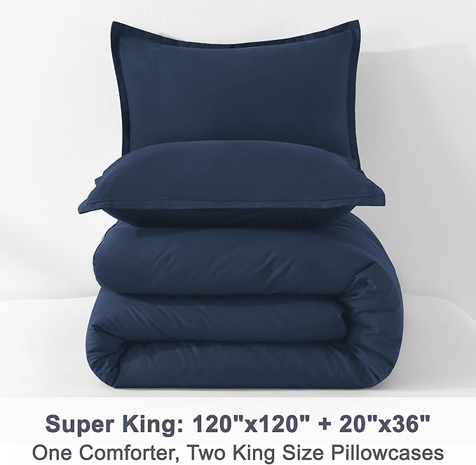 Litanika Comforter Set, Lightweight Solid Bedding Comforter Set, Fluffy Down Alternative Bed Set, Navy Blue, Super King