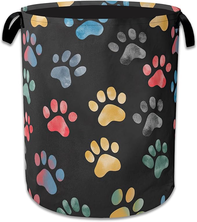 Cute Cat Dog Paw Prints Laundry Basket,Foldable Oxford Cloth Laundry Hamper With Handle, 20.8"x16" Portable Clothes Storage Basket Bag for Laundry Room/Bathroom/Bedroom/Dormitories