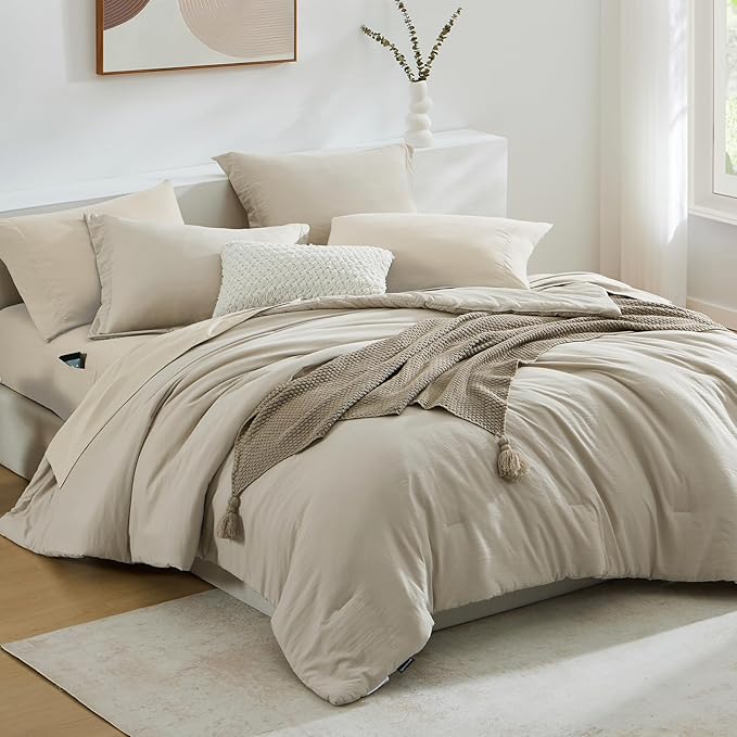 WRENSONGE Full Size Comforter Sets- 7 Pieces Soft Light Oatmeal Bed in a Bag with Fitted Sheet, Flat Sheet, 2 Pillow Shams, 2 Pillowcases, Warm Bedding Sets for All Season