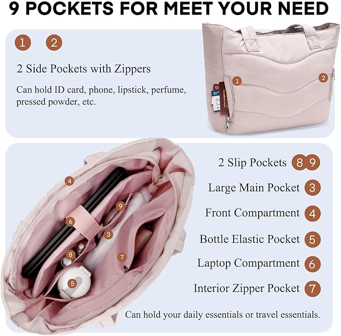 Skycase Puffer Tote Bag for Women - Lightweight Puffy Work Handbag- Large Laptop Quilted Shoulder Bag for Daily, Travel, Gym