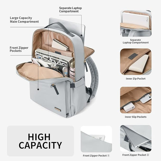 GOLF SUPAGS Stylish Laptop Backpack for Women Airline Approved Perfect for Work College and Travel Multi-Functional Casual Daypack Fits 15.6 Inch Notebook (Pale Grey)