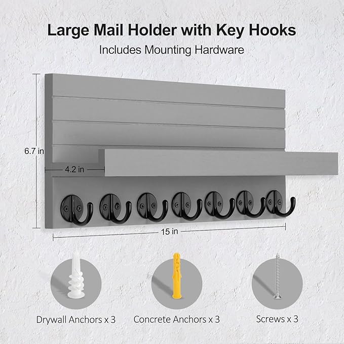Key Holder Wall Mount, Entryway Key and Mail Holder with 7 Sturdy Hooks for Sunglasses, Dog Leash, Decorative Wall Shelf with Mounting Hardware, 15”W x 6.7”H x 4.2”D (Gray)