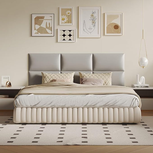 Wall-Mounted Upholstered Headboard Panels, Light Gray Faux Leather, 24x12 Inches, Pack of 9 – DIY Adjustable Soundproof Padding for Queen and King Beds, Modern Accent Wall Décor