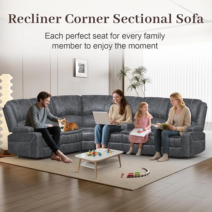 Manual Reclining Sectional Sofa Set, 6 Seats Soft Dutch Velvet Recliner Corner Sectional Couch, Family-Sized L-Shaped Recliner Couch with USB Charging, Thickened Padding, Sturdy Frame, Grey