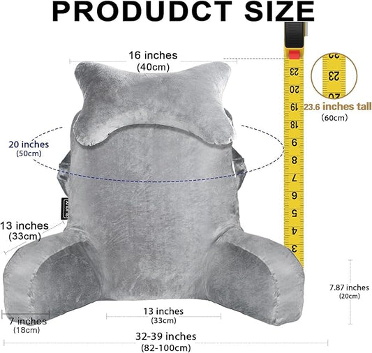 SLIGUY Reading Pillow for Sitting in Bed Couch Adult, Back Pillow with arm Support and Pockets, Adult Back Pillow Bed Chair for Bed Rest, Reading, Watching TV, Gaming for Boys and Girls Light Grey
