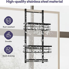 SWTYMIKI Over The Door Shower Caddy - 3 Tier Rustproof Hanging Shower Organizer with Adjustable Shelves, 28 Hooks & Soap Holder, Hanging Shower Rack Storage for Bathroom Accessories, Black