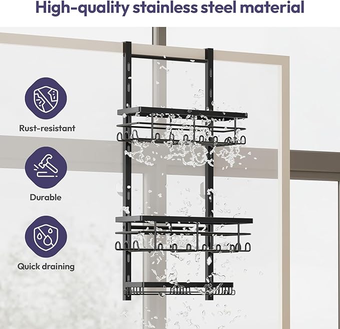 SWTYMIKI Over The Door Shower Caddy - 3 Tier Rustproof Hanging Shower Organizer with Adjustable Shelves, 28 Hooks & Soap Holder, Hanging Shower Rack Storage for Bathroom Accessories, Black