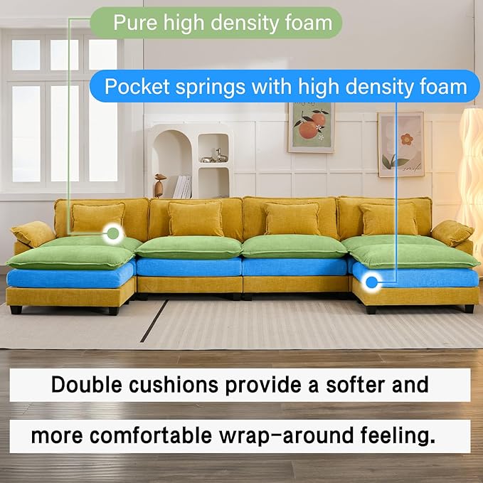 154" Modular Sectional Sofa, Comfy Cloud Couch Sectional Sofa with Ottoman, Chenille Sofa Sleeper Deep Seat Sofa with Throw Pillows for Living Room (Yellow, 154"- U Shape)