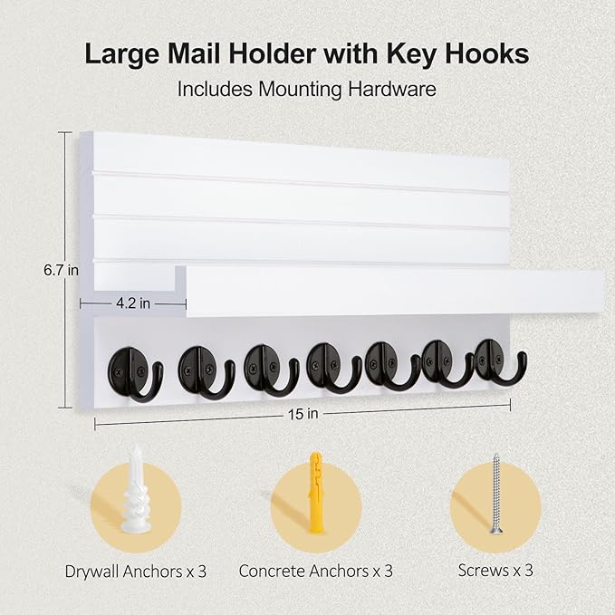 Key Holder Wall Mount, Entryway Key and Mail Holder with 7 Sturdy Hooks for Sunglasses, Dog Leash, Decorative Wall Shelf with Mounting Hardware, 15”W x 6.7”H x 4.2”D (White)