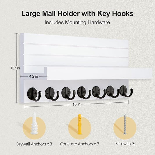 Key Holder Wall Mount, Entryway Key and Mail Holder with 7 Sturdy Hooks for Sunglasses, Dog Leash, Decorative Wall Shelf with Mounting Hardware, 15”W x 6.7”H x 4.2”D (White)