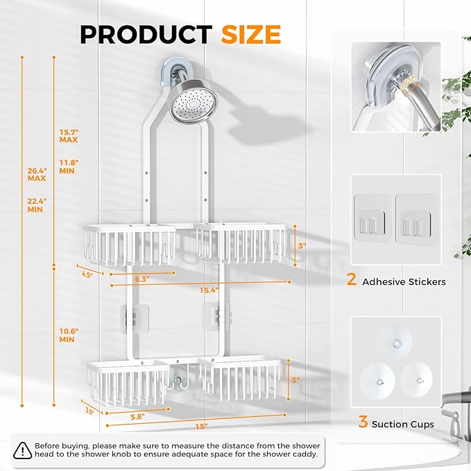 REINHARDT Aluminum Shower Caddy Hanging Adjustable Shower Caddy, Rustproof Hanging Shower Organizer with Hooks Soap Holders, Over Shower Head Caddy for Handheld Showerhead, White