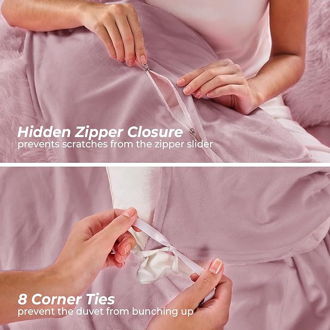 Sasttie 3-Piece Fluffy Duvet Cover Queen, Ultra Soft Faux Fur and Velvet Dusty Rose Comforter Cover, Luxury Fuzzy Bedding Sets for Winter Bed, Includes 1 Duvet Cover and 2 Pillowcases, No Comforter
