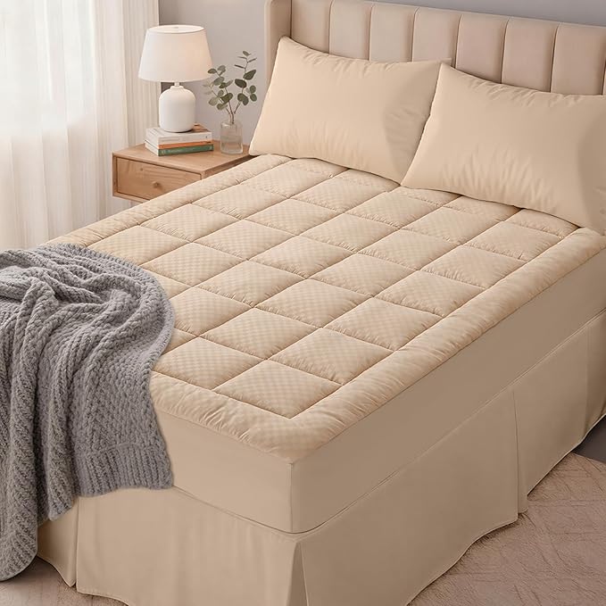 OLANLY Queen Quilted Fitted Mattress Pad – Soft Pillow Top Mattress Topper, Down Alternative Fill, Cooling Comfort Breathable Mattress Cover, Machine Washable Deep Pocket Mattress Protector, Beige