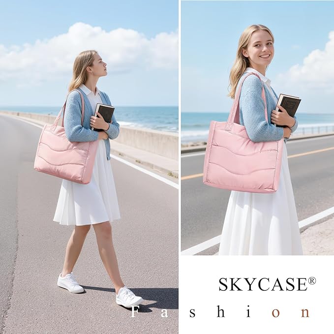 Skycase Puffer Tote Bag for Women - Lightweight Puffy Work Handbag- Large Laptop Quilted Shoulder Bag for Daily, Travel, Gym