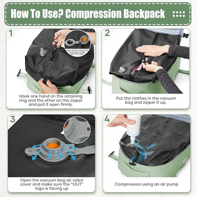 suwasp Vacuum Compression Travel Backpack with Electric Vacpack Pump, Vacuum Backpack Carry on Flight Approved, Personal Item Travel Storage Space Saver Bags for Women Men, Light Green