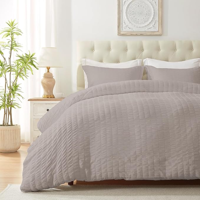 Cozyide Light Grey Duvet Cover Full Size, 3 Pieces Bedding Duvet Covers, Breathable Seersucker Duvet Cover Set with Zipper Closure and Corner Ties (1 Duvet Cover 80"x90" + 2 Pillow Shams 20"x26")