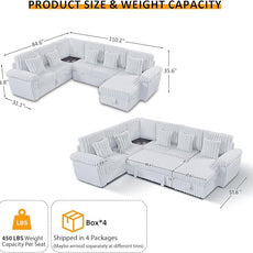 Modular Sectional Sleeper Sofa with Pull Out Bed, U Shaped 7 Seat Sectional Couches for Living Room, 110 Inch Sofa Bed with Armrest Pillows | Hidden Storage | USB Charging | Cup Holder, White