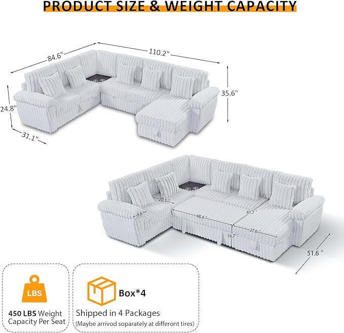 Modular Sectional Sleeper Sofa with Pull Out Bed, U Shaped 7 Seat Sectional Couches for Living Room, 110 Inch Sofa Bed with Armrest Pillows | Hidden Storage | USB Charging | Cup Holder, White