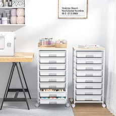Rolling Storage Cart with Drawers,Utility Cart With 8 Drawers and Wooden Tabletop,Rolling Drawer Cart,Storage Drawer Cart for Living Room,Classroom,Bedroom,Bathroom,Dorm,Office,White