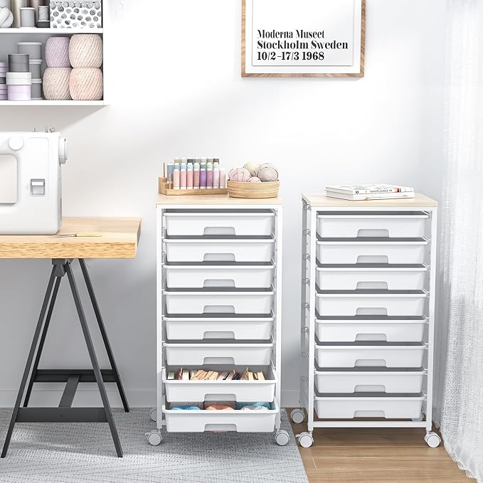 Rolling Storage Cart with Drawers,Utility Cart With 8 Drawers and Wooden Tabletop,Rolling Drawer Cart,Storage Drawer Cart for Living Room,Classroom,Bedroom,Bathroom,Dorm,Office,White