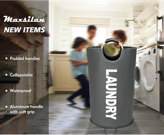 90L Large Laundry Basket, Freestanding Tall Clothes Hamper, Collapsible Laundry Bag, Dark Grey