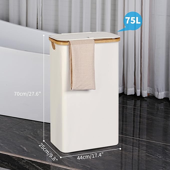 efluky Slim Laundry Basket with Lid, Narrow Laundry Hamper with Removable Bag, Skinny Dirty Clothes Basket with Bamboo Handles for Bathroom, Bedroom & Laundry Room, 75L Beige