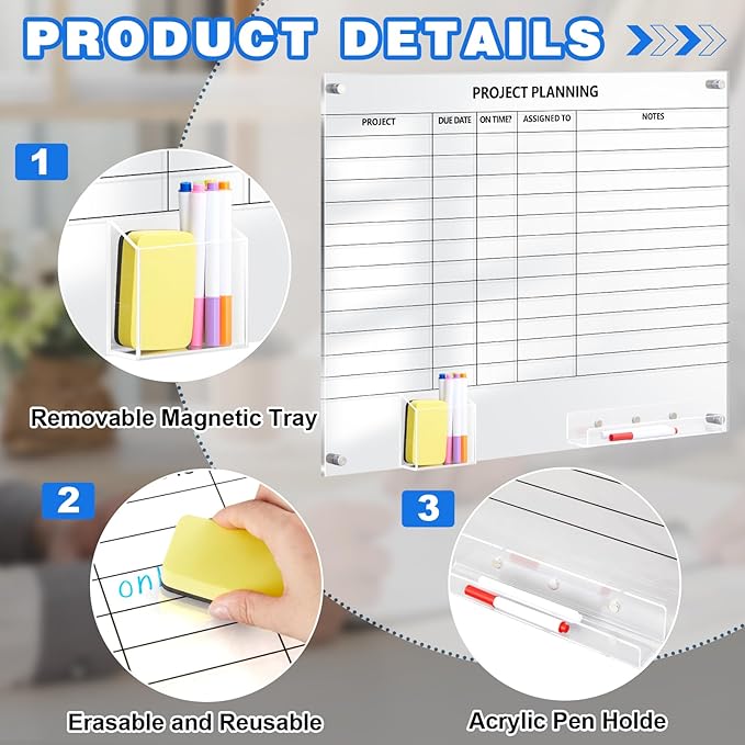 Lincia Acrylic Project Planning Whiteboard, 24 x 18 Inch Clear Wall Schedule Dry Erase Board with 8 Markers and Eraser, Whiteboard Planner with Lines for Home Office Project and Family Organization