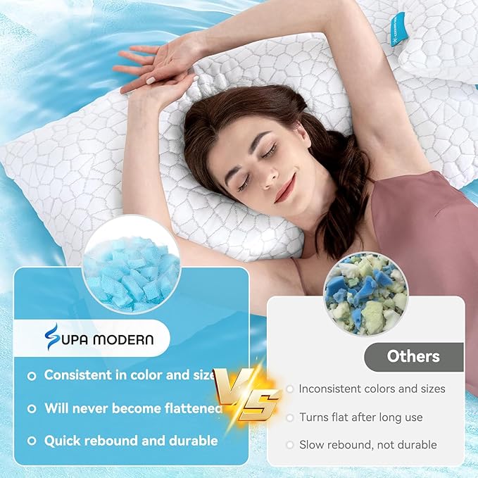 Cooling Bed Pillows for Sleeping 2 Pack Shredded Memory Foam Pillows Standard Size Set of 2, Adjustable Cool Pillow for Side Back Stomach Sleepers Luxury Gel Pillows with Washable Removable Cover