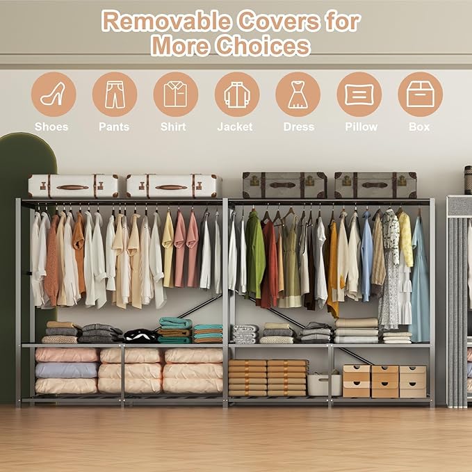 95.7" Wide Wardrobe Portable Closet with Cover, Heavy Duty Stainless Steel Clothes Rack with Hanging Rails and Shelves, Large Storage Cabinet for Bedroom