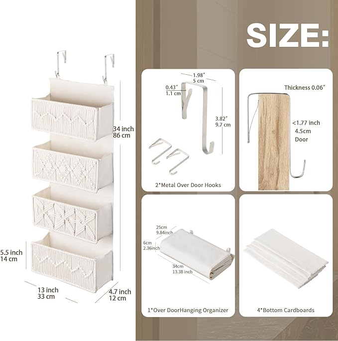 Over the Door Organizer Macrame Boho Nursery Storage with 4 Large Woven Pockets, Hanging Basket for Bathroom, Nursery & Closet Doors, Behind the Door Storage Organizer, Cream White