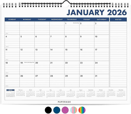 PAPERAGE 2026 Calendar, 12 Months (January 2026 - December 2026), Medium (11.5 in x 14.75 in), Minimalist Wall and Desk Calendar with Monthly Views, Yearly Plans & Notes Section – Navy