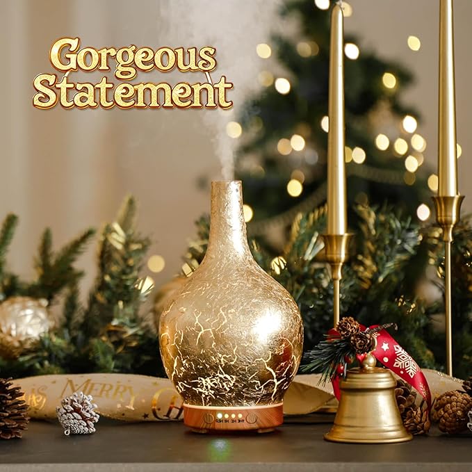 Porseme Gold Plated Essential Oil Diffuser Glass Aromatherapy Ultrasonic Humidifier, Auto Shut-Off,Timer Setting, BPA Free,Aroma Decoration for Home,Office,Gym,Spa,Premium Gift 150ml