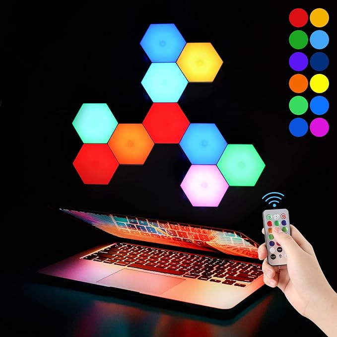 Hexagon Lights, Smart LED Wall Lights with Remote, 13 Colors Touch-Sensitive DIY Modular Assembled RGB Wall Panels, Hex Light with USB-Power for Autism, Game Room Decor, Party (10 Pack)