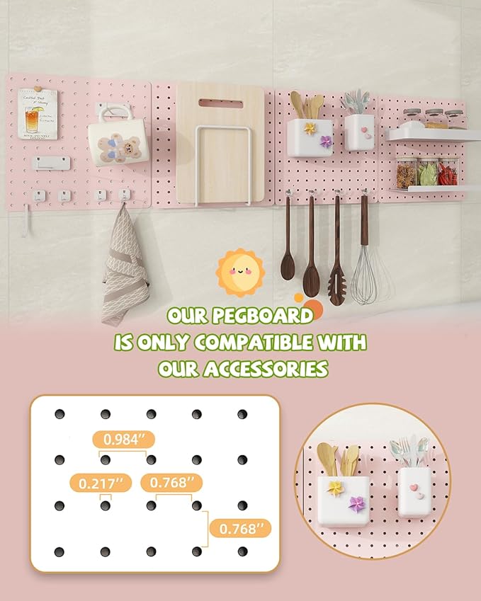 Metal Pegboard Combination Kit — 4 Carbon Steel Pegboards with 26 Accessories, Pegboard Wall Organizer for Home, Office, Study Room, Kitchen, Garage & Craft Room — 24″ × 24″ Pink Peg Board