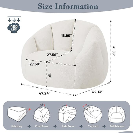 Giant Bean Bag Chair for Adults - Comfy Plush Round Shell Soft Accent Chair, Oversized Cozy Lounge Floor Sofa Reading Chair, Mini Couch for Living Room, Bedroom & Game Rooms, Beige