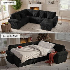 Modular Sectional Sleeper Sofa with Pull Out Bed, U Shaped 7 Seat Sectional Couches for Living Room, 110 Inch Sofa Bed with Armrest Pillows | Hidden Storage | USB Charging | Cup Holder, Black