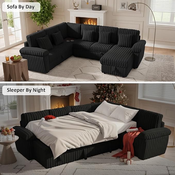 Modular Sectional Sleeper Sofa with Pull Out Bed, U Shaped 7 Seat Sectional Couches for Living Room, 110 Inch Sofa Bed with Armrest Pillows | Hidden Storage | USB Charging | Cup Holder, Black