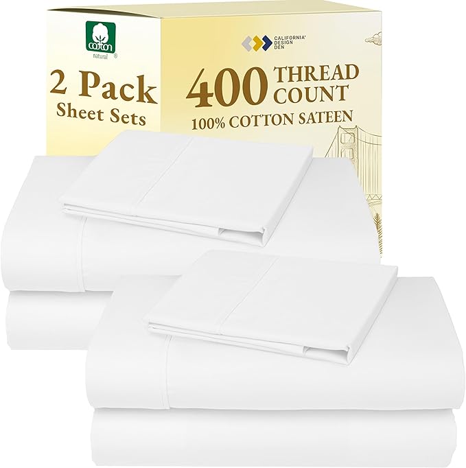 California Design Den 2-Pack Twin Size Bed Sheets Cotton - 400 Thread Count 100% Cotton Sateen - Soft, Breathable Sheets, 2 Sets of Deep Pocket Bed Sheets - Antique White CaliforniaDesignDen