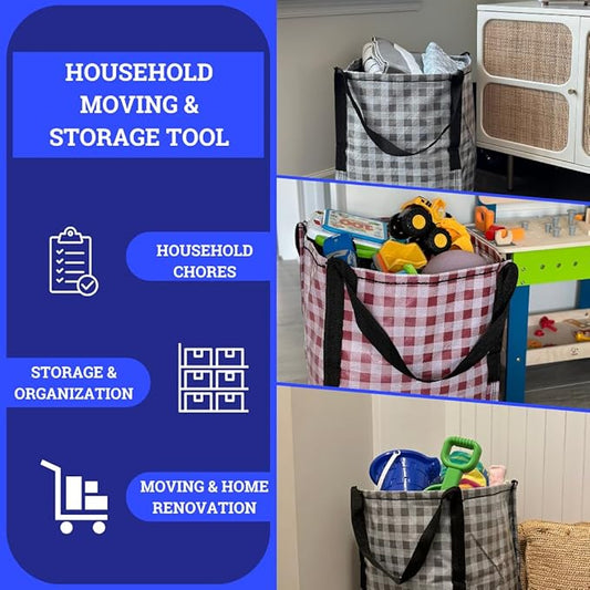 DURASACK Heavy Duty Storage Tote Bag 22-Gallon Rugged Woven Polypropylene Moving Bag, Reusable Self-Standing Design, Holds up to 500 Pounds, Pack of 4, Gingham Multicolored