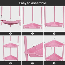 Orimade Rustproof 3 Tier Floor Standing Corner Shower Caddy Organizer, Plastic Metal Splicing Floor Corner Shelf Rack Stands for Bathroom, Pink