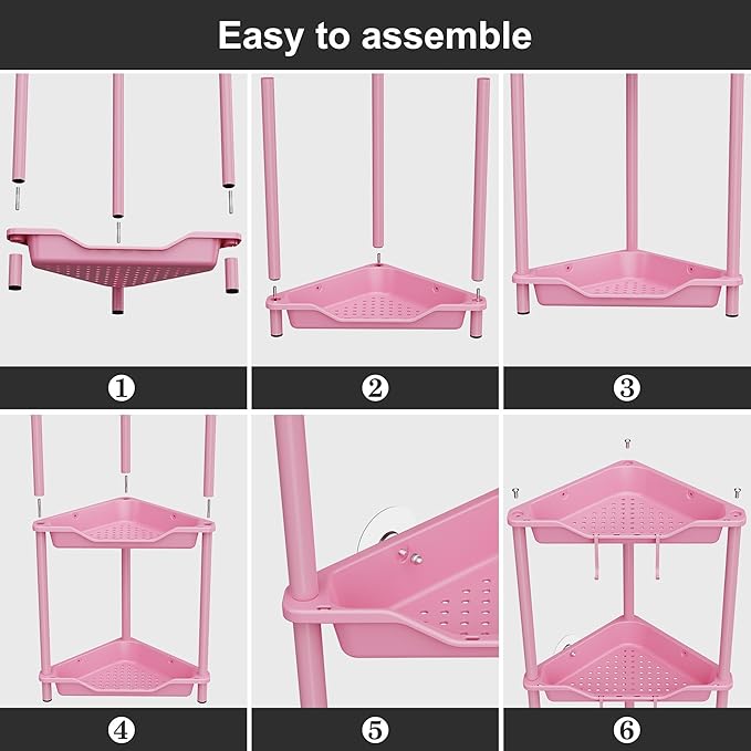 Orimade Rustproof 3 Tier Floor Standing Corner Shower Caddy Organizer, Plastic Metal Splicing Floor Corner Shelf Rack Stands for Bathroom, Pink