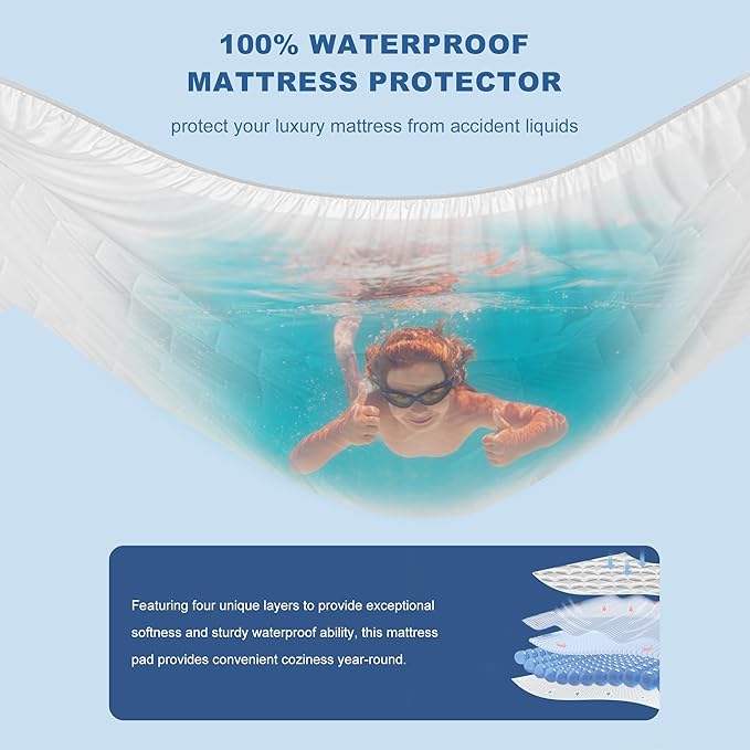 GRT Waterproof Mattress Protector Queen, Rayon Bamboo Mattress Protector Cooling Breathable, 3D Air Fabric Soft Mattress Cover with 6-26 inches Deep Pocket, Mattress Pad Machine Washable