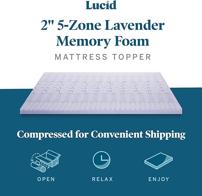 LUCID Lavender Infused 2 Inch Memory Foam Mattress Topper with 5 Zones – Twin Size – Plush Feel – CertiPUR Certified – Dorm Room Essentials
