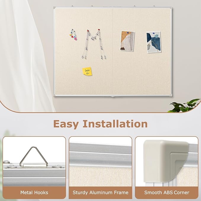 DOLLAR BOSS Foldable Linen Board, 48 x 36 Inch Corkboard, Large Bulletin Board, Portable Double Sided Aluminum Frame Wall Mounted Pin Board for Office School Dorm Supplies with 20 Push Pins, White