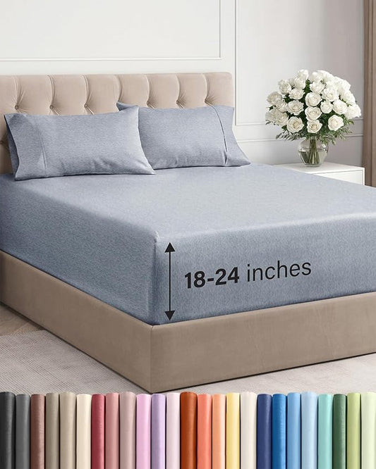 Extra Deep Pocket King Sheets - 4 Piece Breathable & Cooling Bed Sheets - Hotel Luxury Sheet Set - Soft, Wrinkle Free & Comfy - Easily Fits Extra Deep Mattresses - Deep Pocket Heathered Blue Sheets