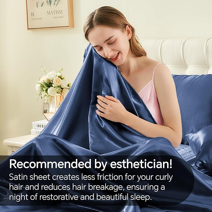 BEDELITE Satin Sheets Twin XL Size Bed Set, Luxury Soft Navy Silky Sheets for Hair and Skin, Similar to Silk Bed Sheets Set 3 Pieces （1 Deep Pocket Fitted Sheet, 1 Flat Sheet, and 1 Pillowcase）