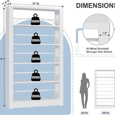 Metal Bookshelf, 5 Tier Bookshelf with Adjustable Shelves, White Bookshelf, Heavy Duty 69” Tall Bookcase, Large Book Case Book Shelf for Bedroom, Living Room, Office, Library