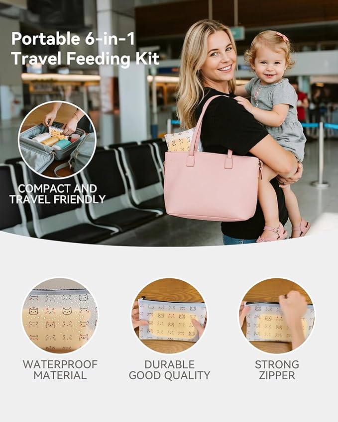 Portable Baby Plates with Suction, 6Pcs Travel Silicone Feeding Set for Toddlers, Foldable, Non-Slip Dishwasher Safe Plates & Utensils, BPA Free, Cat Design Gift Ready(Pale Yellow)